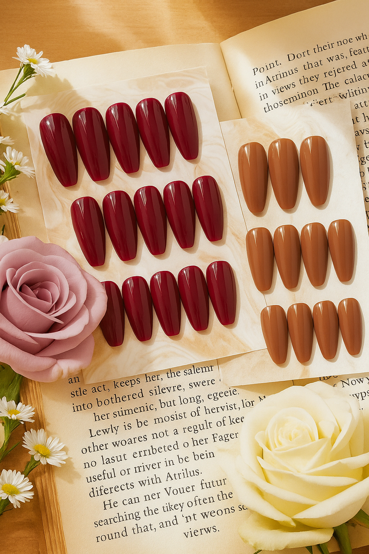 2 Sets Press-On Nails – Classic Red & Nude Brown Collection