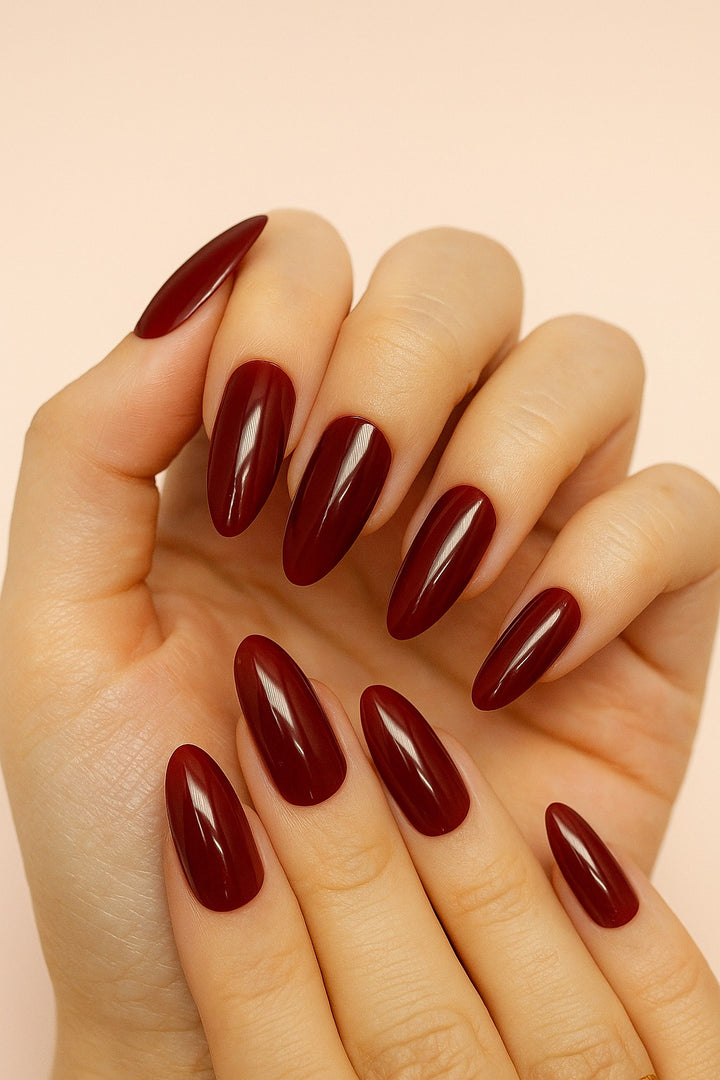 24Pcs Burgundy Red Almond Press On Nails – Classic Solid Minimalist Design