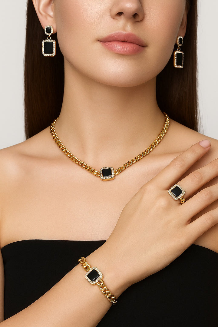 Elegant Enamel & Rhinestone Jewelry Set – Necklace, Bracelet, Earrings & Ring