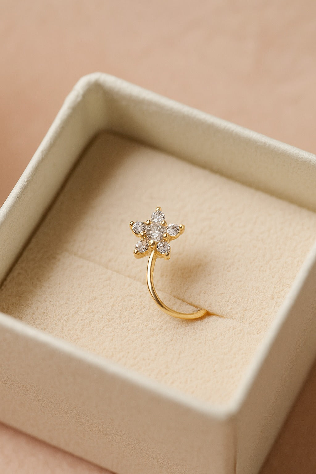 Flower Gold Nose Ring – Sparkly Crystal Clip-On, Fake Piercing Stud