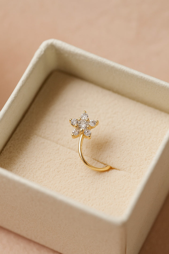 Flower Gold Nose Ring – Sparkly Crystal Clip-On, Fake Piercing Stud