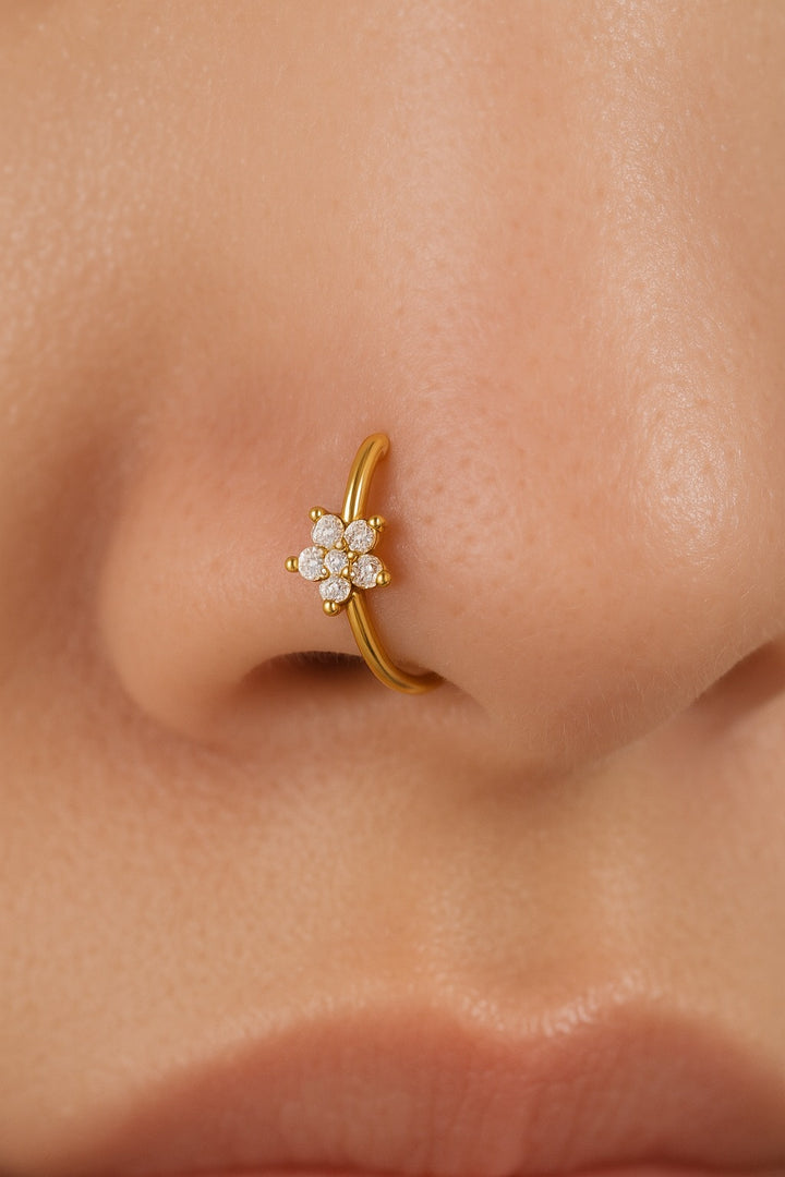 Gold Flower Nose Ring – Crystal Zirconia Clip-On, No Piercing Required