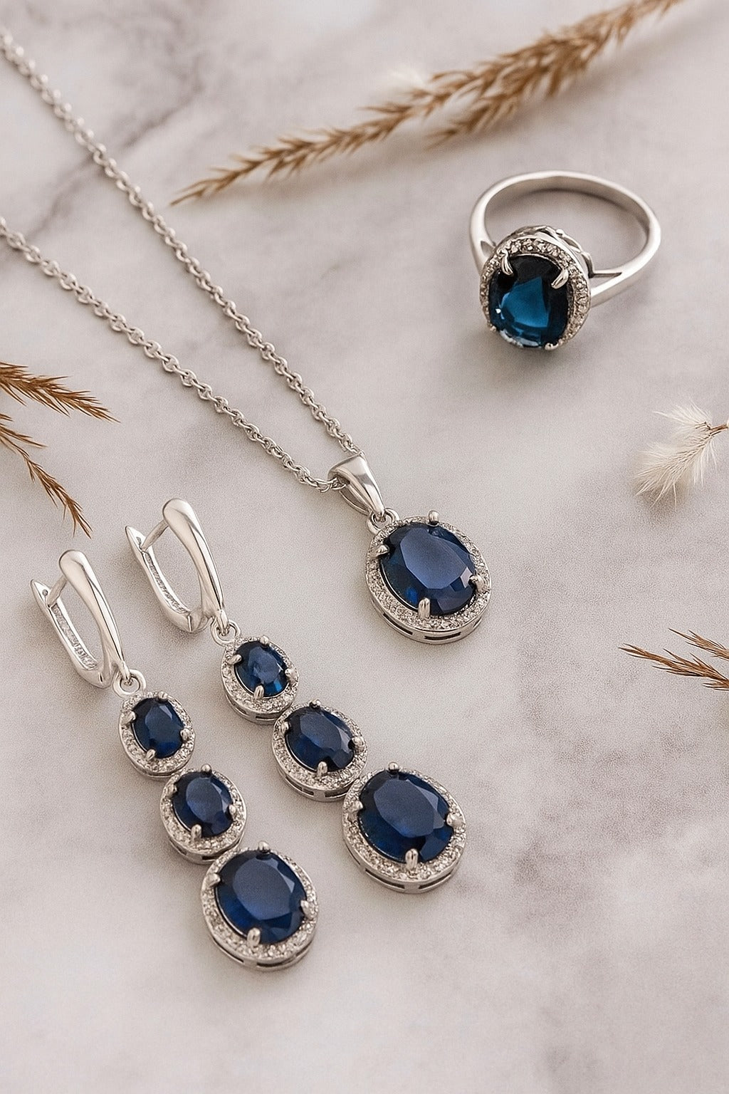Midnight Sapphire Halo Jewelry Set