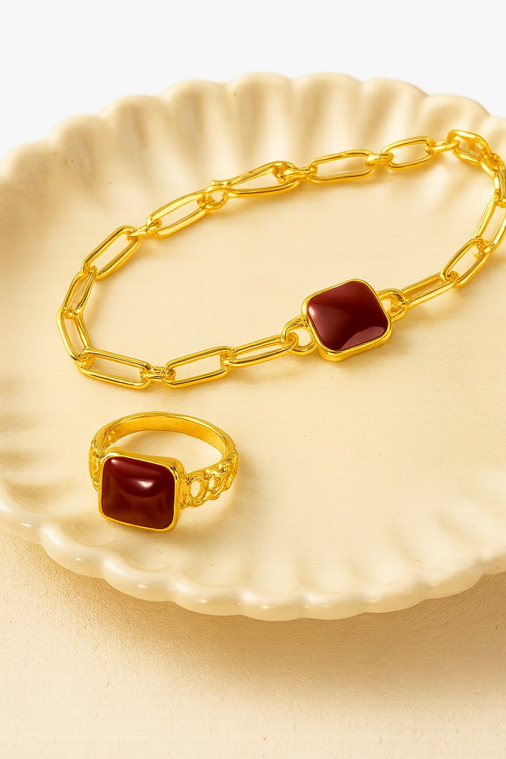 Golden Garnet Charm Jewelry Set – Chain Bracelet & Statement Ring