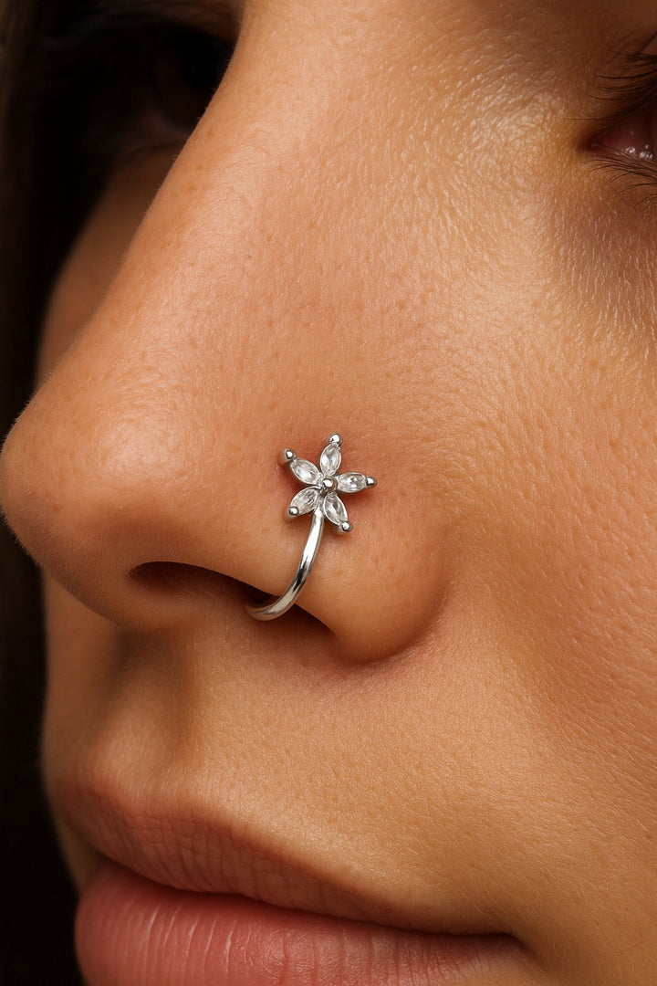 Silver Flower Zirconia Nose Clip – Fake Pierced Nose Ring