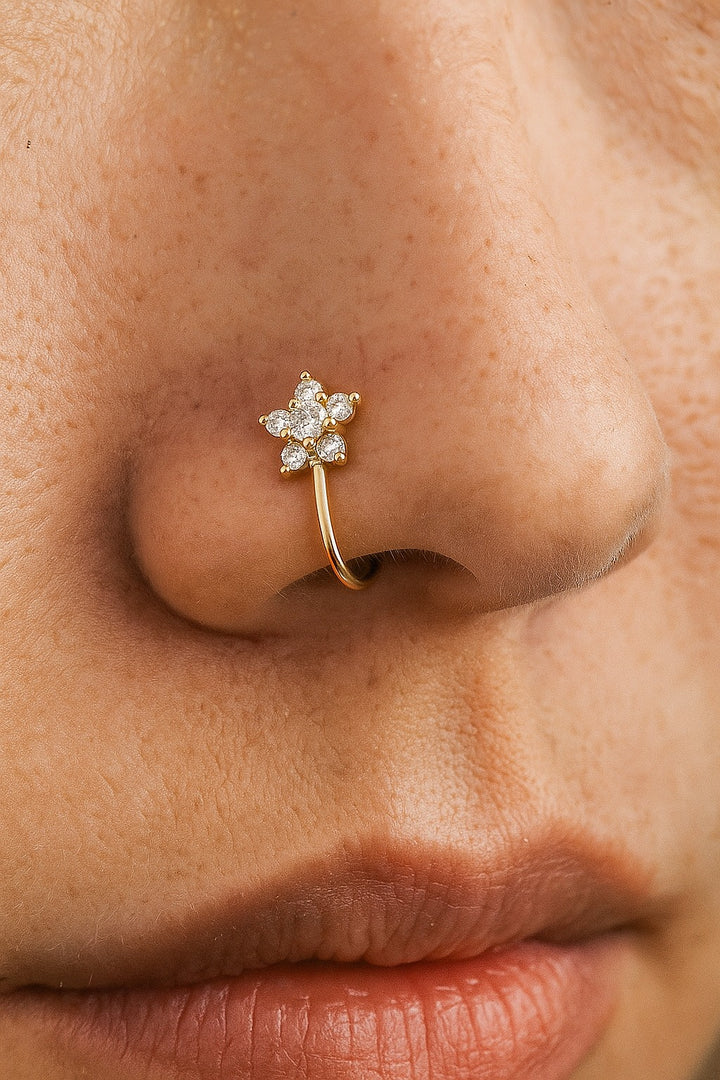 Flower Gold Nose Ring – Sparkly Crystal Clip-On, Fake Piercing Stud