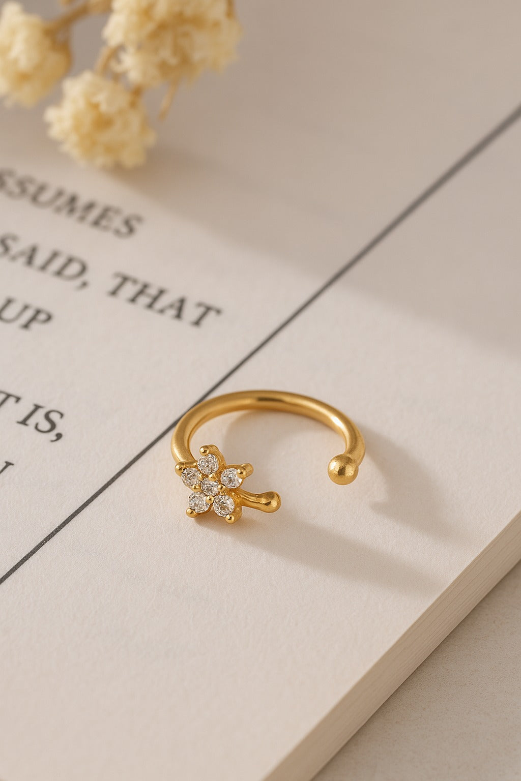 Gold Flower Nose Ring – Crystal Zirconia Clip-On, No Piercing Required